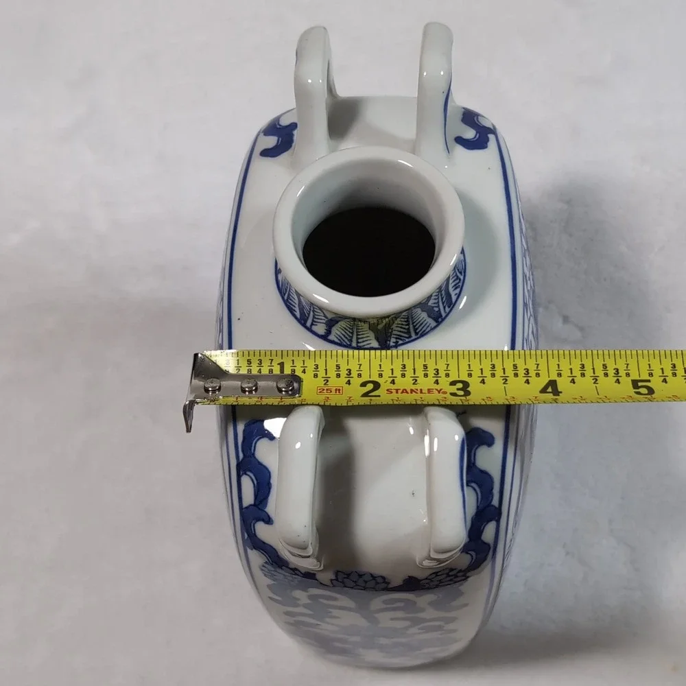 Vtg Chinese Moon Flask Vase Blue White 4 Handle Phoenix Peony Floral Chinoiserie
